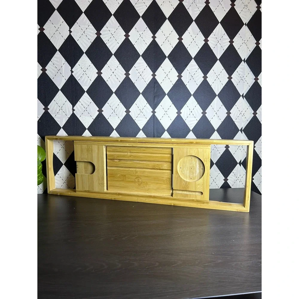 Expandable Bamboo Bathtub Caddy Tray Spa Bath Shelf with Wine Glass Holder
